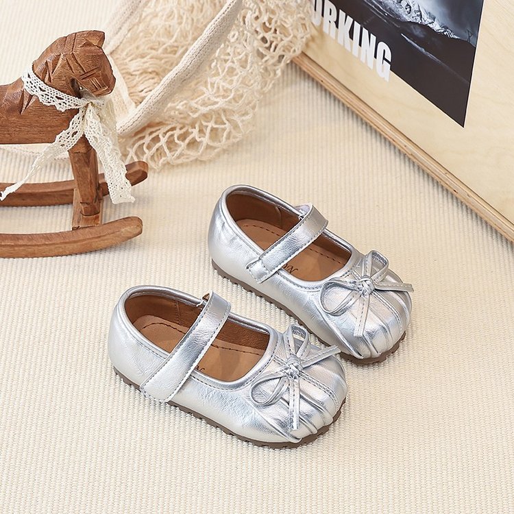Xiaoxiangfeng Pleated Little Leather Shoes, Girls' Bow Princess Shoes, Shallow Single Shoes