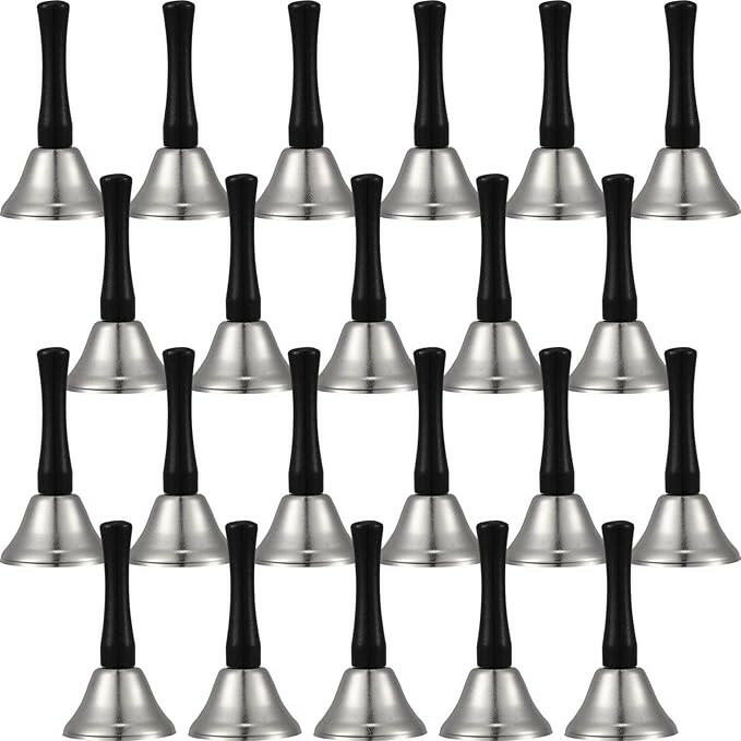 24 pieces of diatonic hand bells with black wooden handles, steel service handbells, musical percussion set in silver.