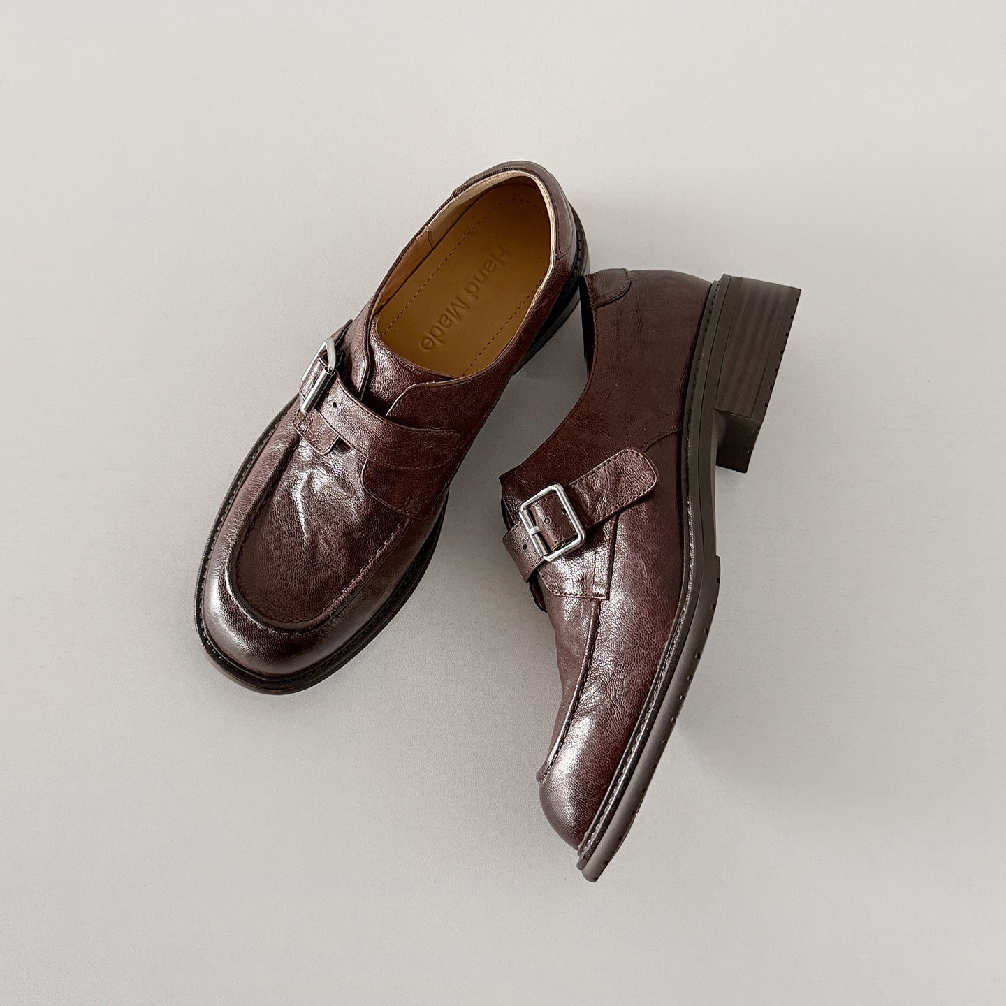 Women's Full-Grain Washed Leather Loafers, Handmade Buckle Monk Strap Low Heel Shoes