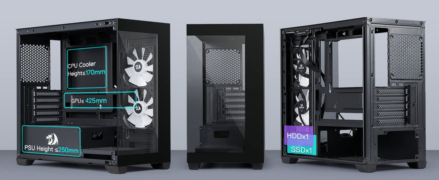 Redragon GC218M Gaming Back-Mounted PC Case with 2 x 120mm Fans & High Airflow Panel – M-ATX Chassis