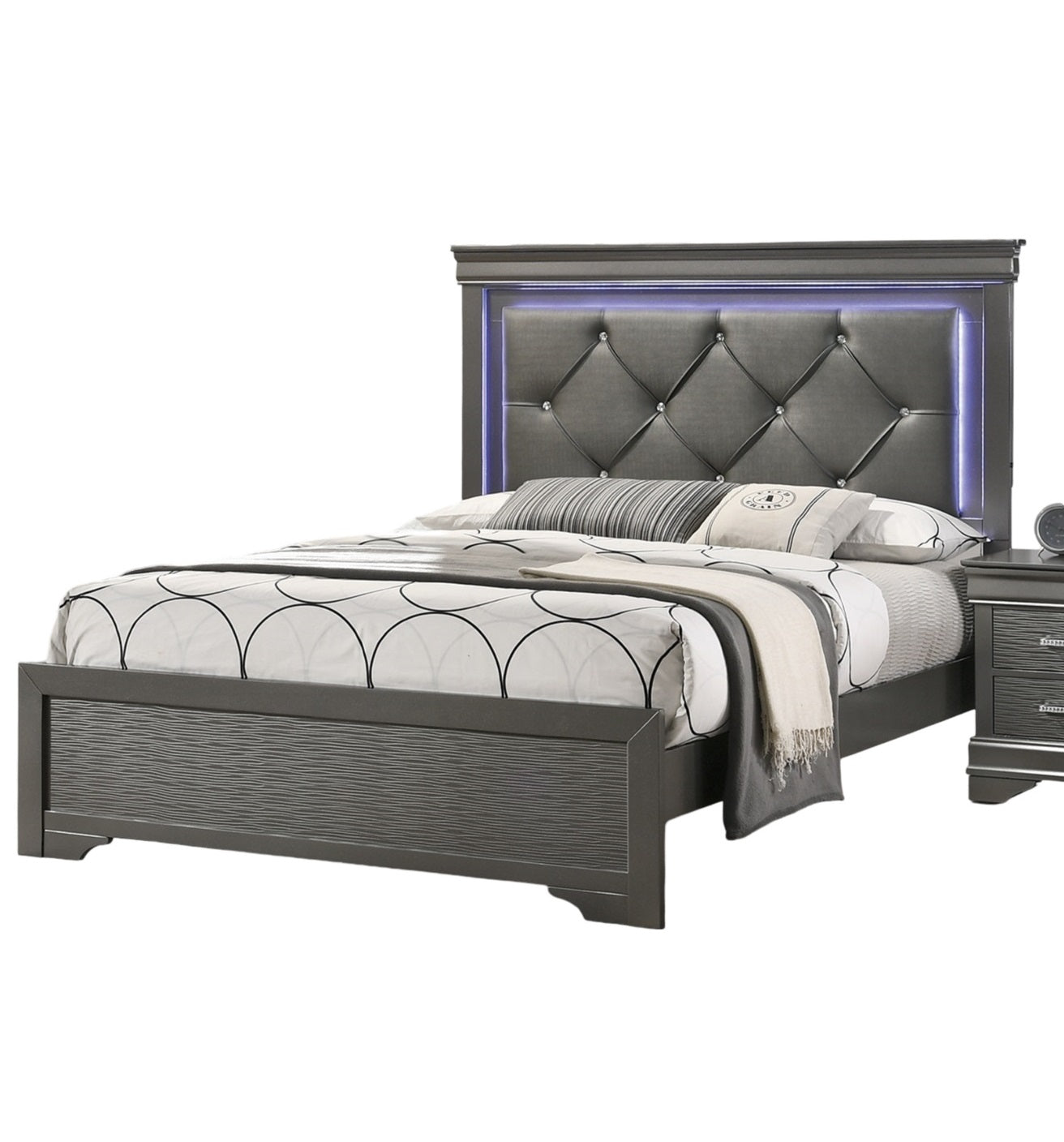 Dark Gray Faux Leather Tufted Headboard 1pc Queen Size Bed W LED Bedroom Furniture Gray Unique Texture FB Solid Wood