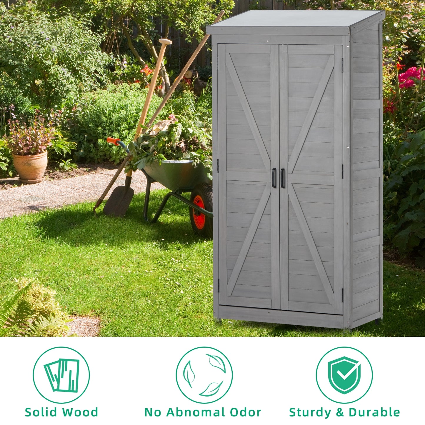 Outdoor Storage Cabinet With Metal Top, 68Tall Garden Shed For Yard
