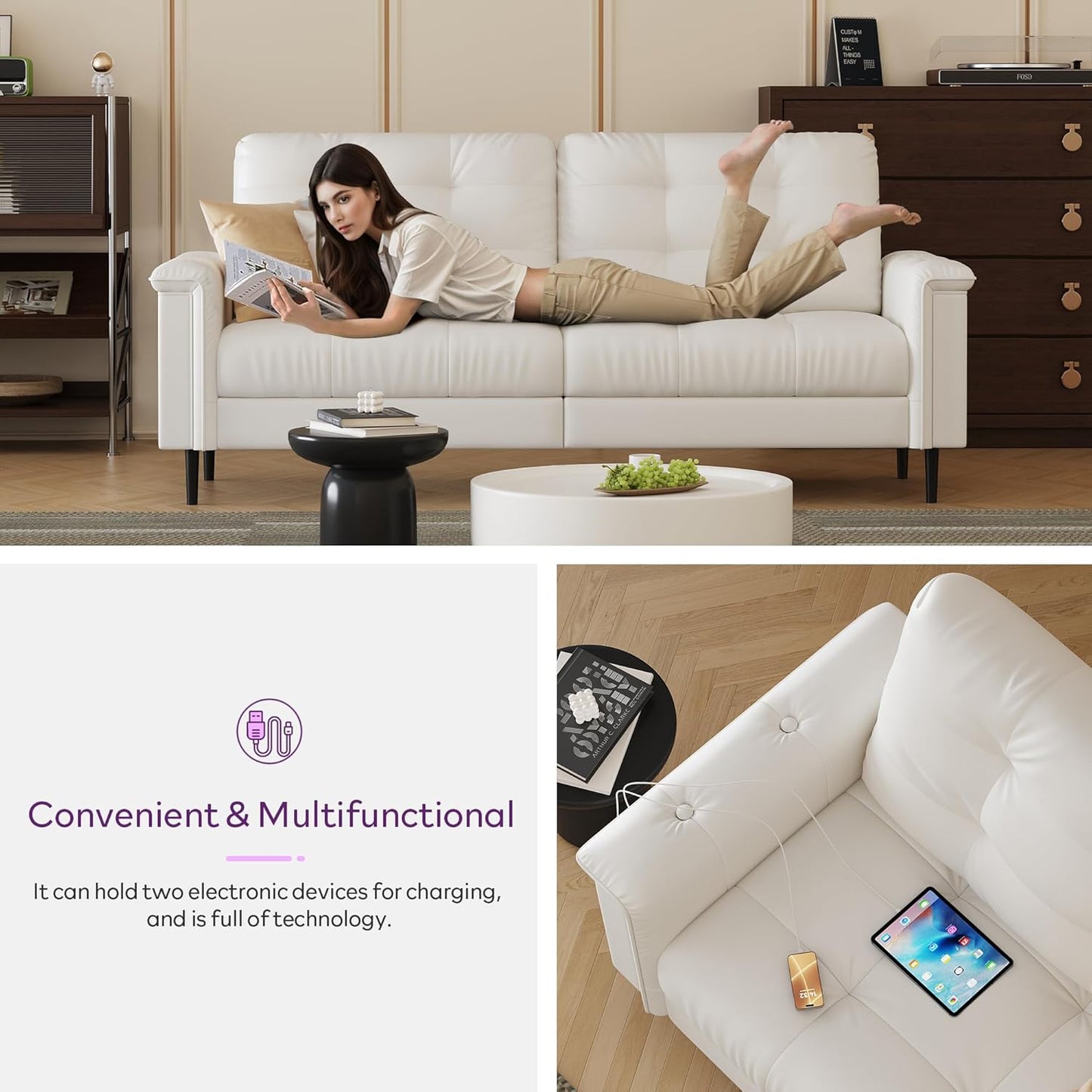 85" White Faux Leather Sofa