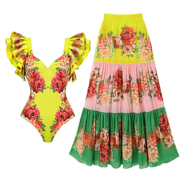 One Piece Bathing Suit for Women with Bikini Maxi Wrap Skirt 2Pcs Floral Print Swimsuit High Waist Tummy Control Beach Suits