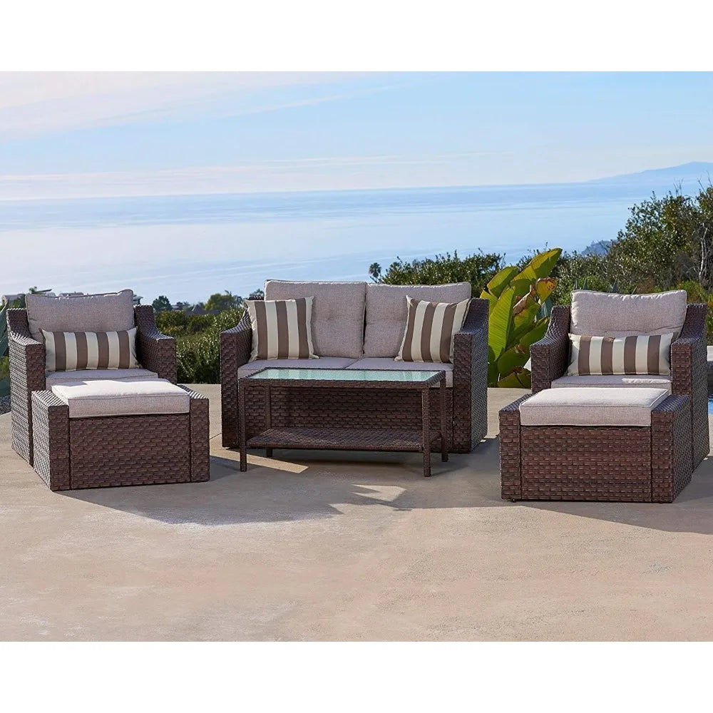 Elegant 7 piece outdoor patio furniture set with rattan wicker and cushions