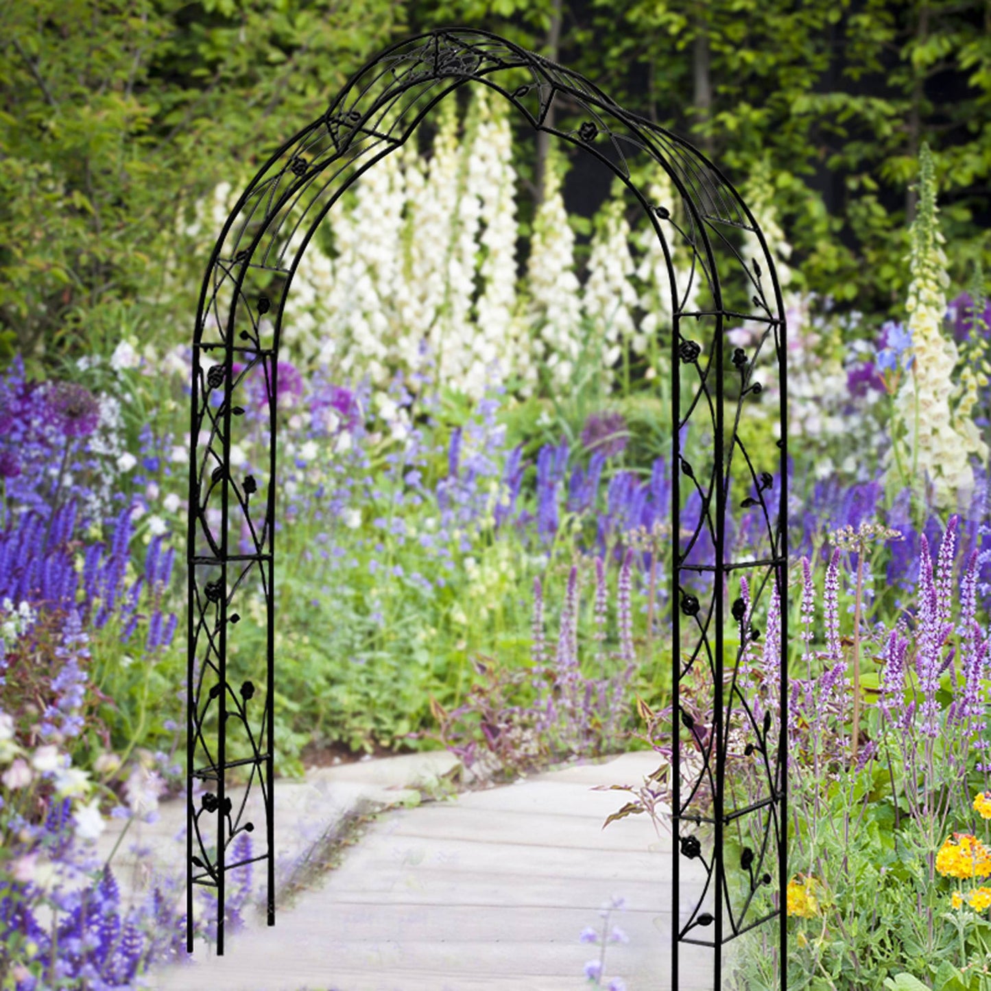 Elegant metal garden arch arbor trellis perfect for climbing plants and weddings