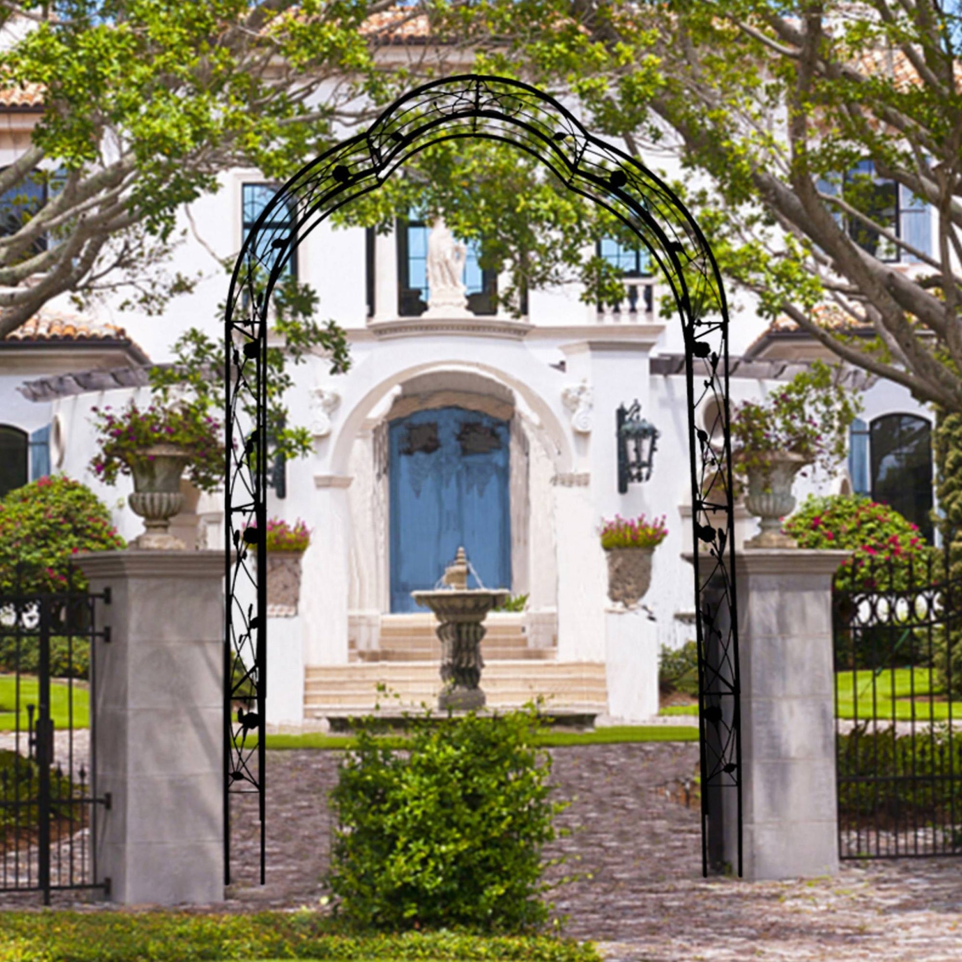 Elegant metal garden arch arbor trellis perfect for climbing plants and weddings