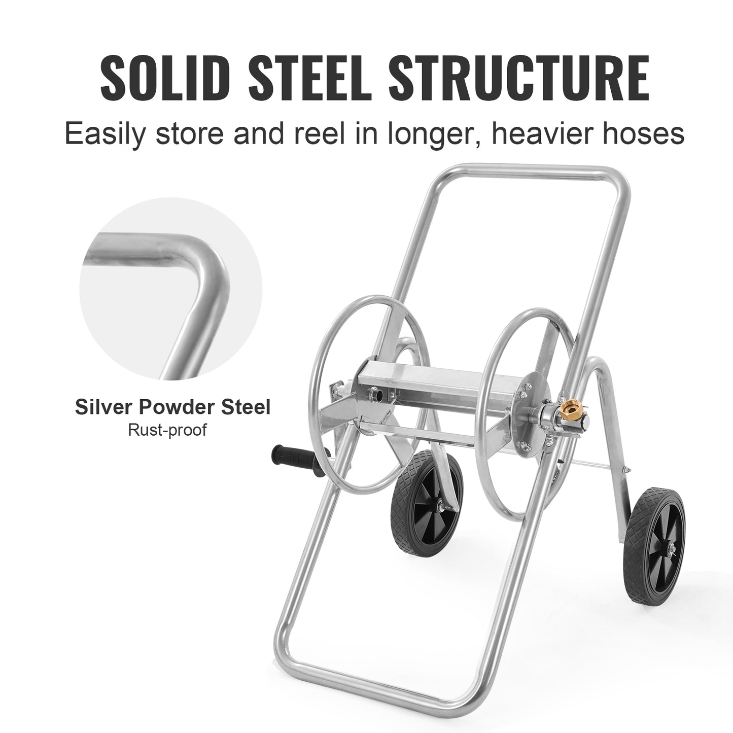 Garden hose reel cart with wheels for easy hose storage and mobility