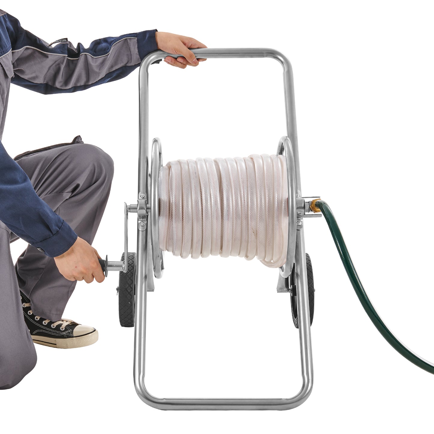 Garden hose reel cart with wheels for easy hose storage and mobility