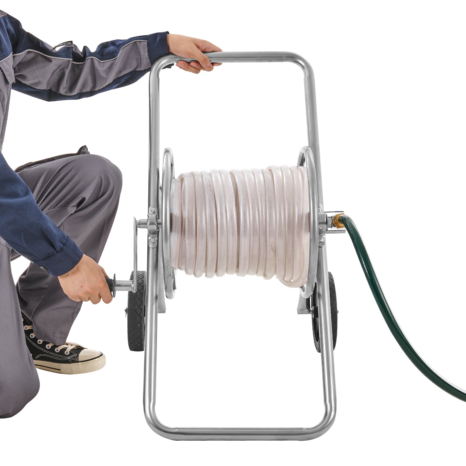 Garden hose reel cart with wheels for easy hose storage and mobility