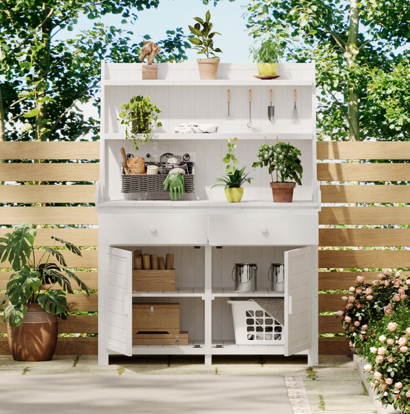Garden potting bench with storage for backyard and outdoor gardening