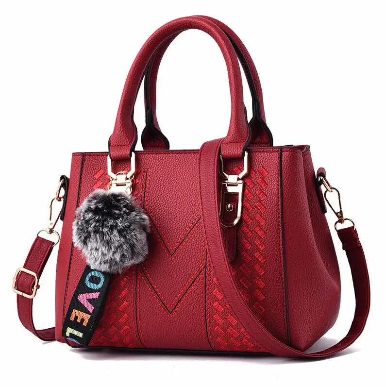 Hemasa Embroidery Messenger Bags Women Leather Handbag for Women Sac a Main Ladies hair ball Hand Bag