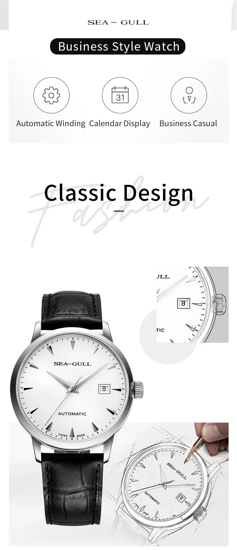 2023 Seagull Men's Mechanical Wristwatches Business Calendar Watch 50m Waterproof Leather Buckle Mens Watches  819.613