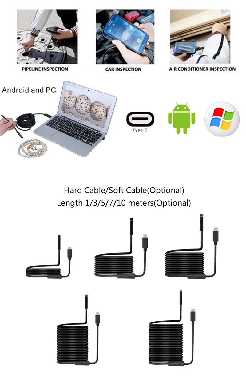 Type-C Android USB Endoscope Camera – 7.0mm Hard Cable Inspection Mini Camera for PC and Android Phones