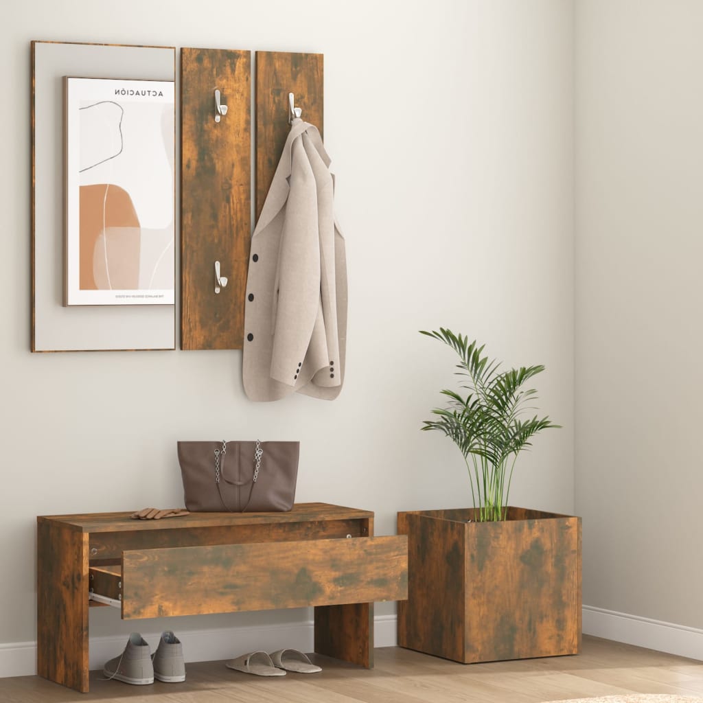 Modern hallway furniture smoked oak bench with storage and coat hooks