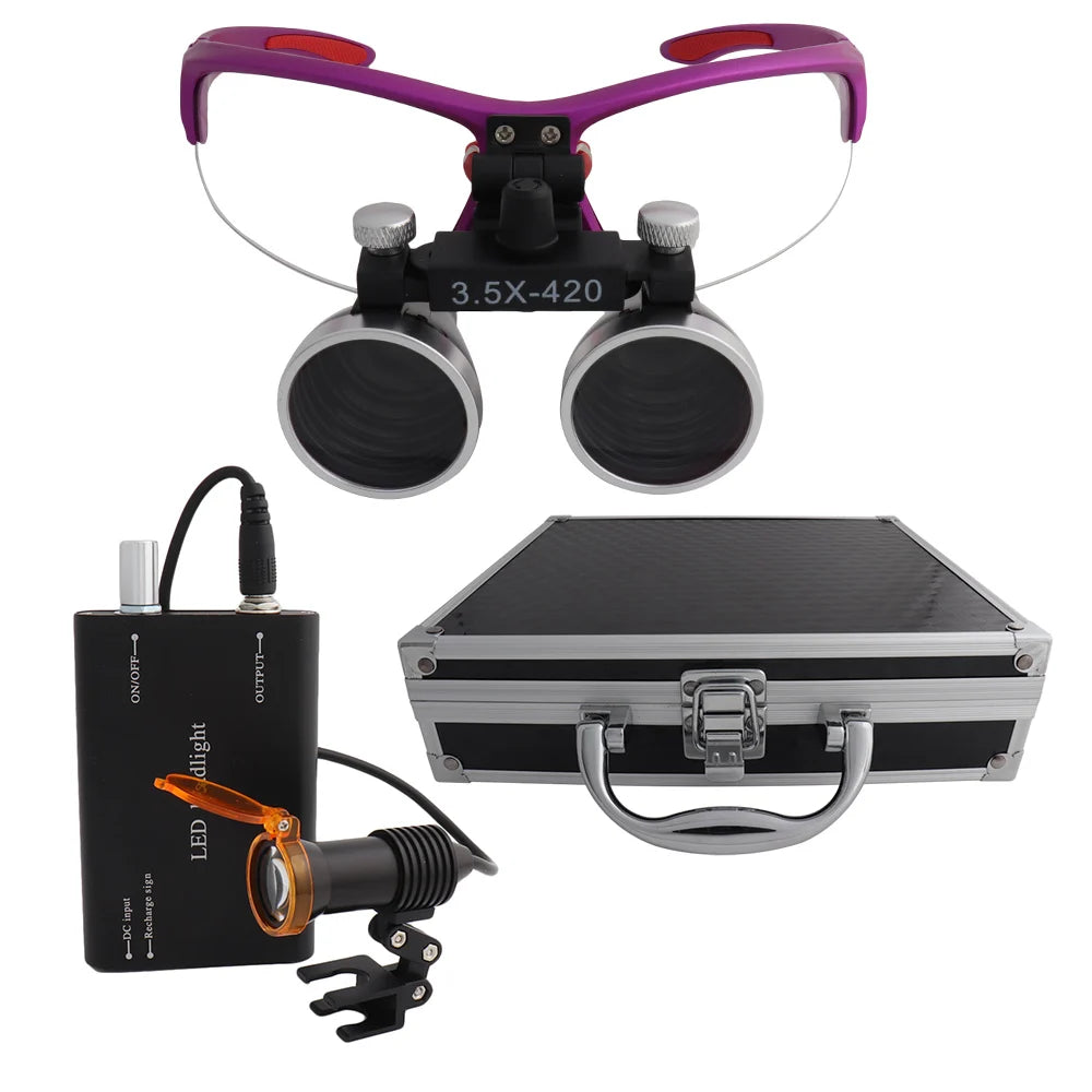 Dental Loupes Dental Magnifier Dental Lab Medical Loupes Magnification Binocular 2.5/3.5x420 Headlight Headlamp 5W Set Metal Box