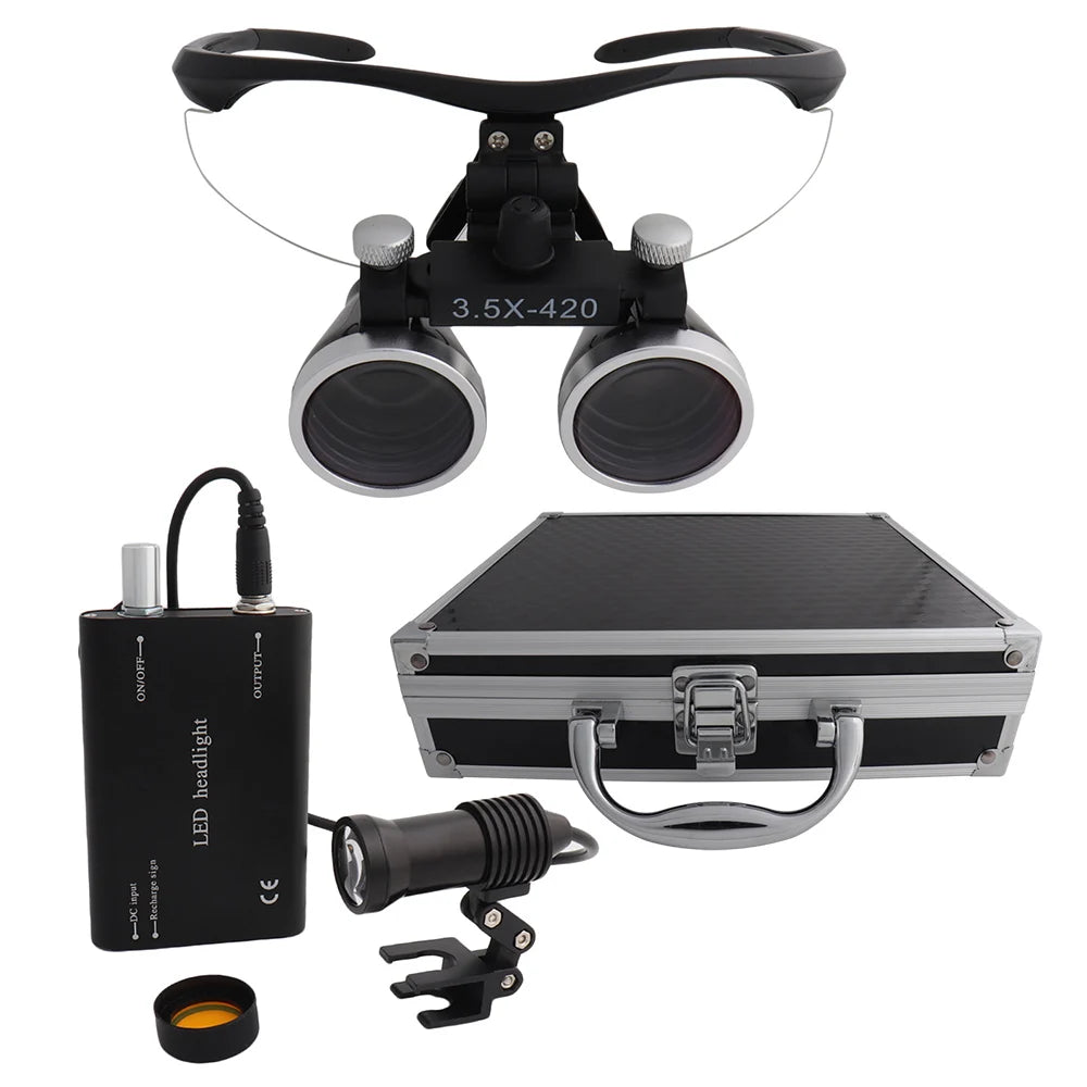Dental Loupes Dental Magnifier Dental Lab Medical Loupes Magnification Binocular 2.5/3.5x420 Headlight Headlamp 5W Set Metal Box
