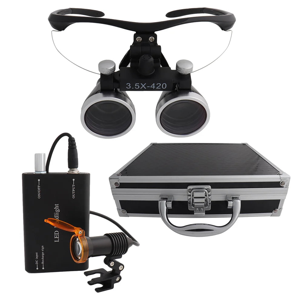 Dental Loupes Dental Magnifier Dental Lab Medical Loupes Magnification Binocular 2.5/3.5x420 Headlight Headlamp 5W Set Metal Box