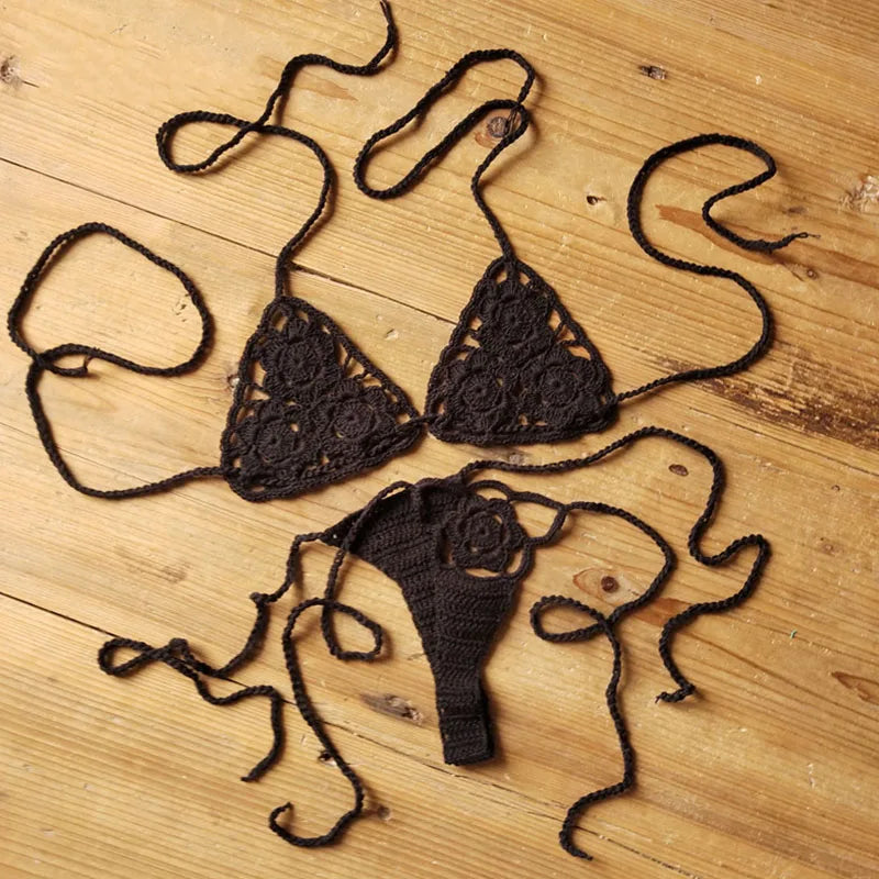 Women Sexy Handmade Bikini Sets Crochet Flower Solid Color Lace Thong String Swimwear Sunbathing Swimsuit Beach Wear Lace-up