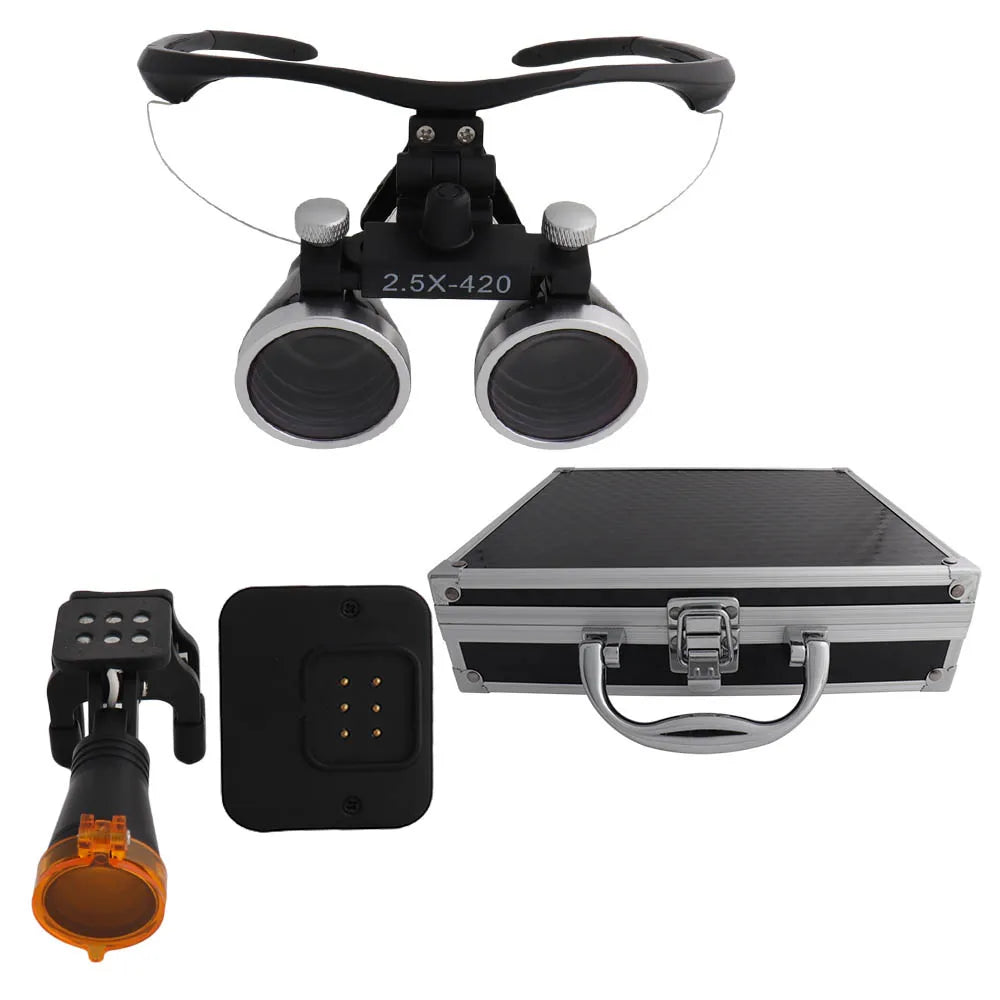Dental Loupes Dental Magnifier Dental Lab Medical Loupes Magnification Binocular 2.5/3.5x420 Headlight Headlamp 5W Set Metal Box