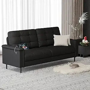 TYBOATLE 85" W White Faux Leather Sofa Couches for Living Room, Mid-Century Modern Tufted Comfy Small Loveseat w/USB and Wide Arms, 2/3 Seater Office Couch for Small Space Apartment Bedroom Furniture