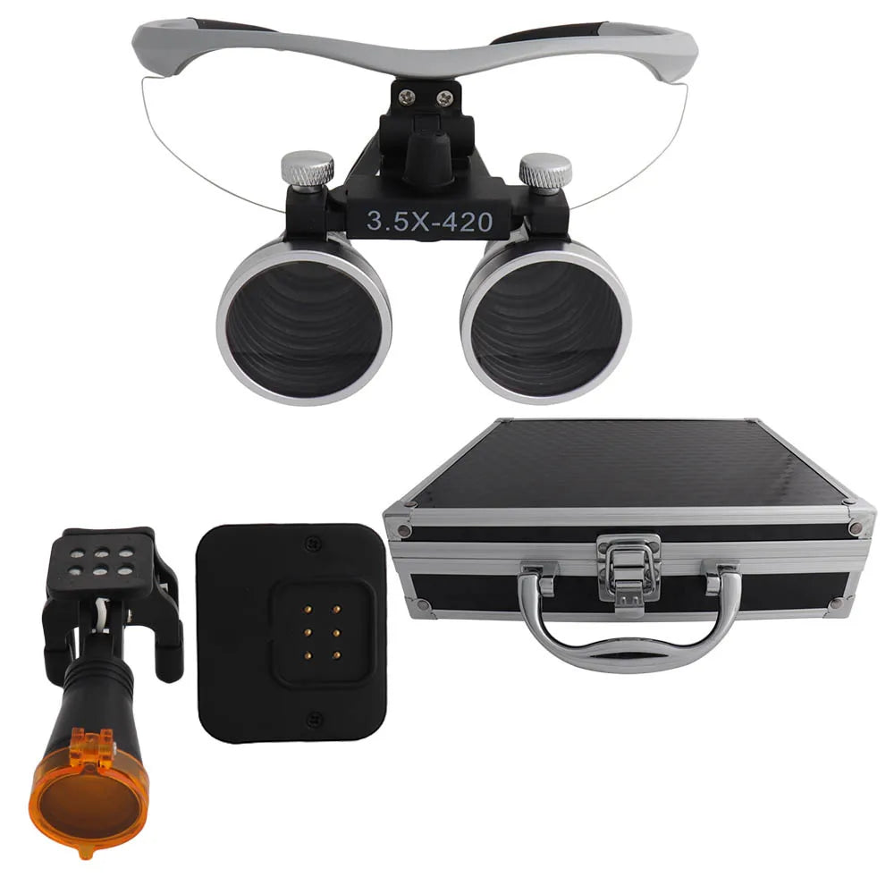 Dental Loupes Dental Magnifier Dental Lab Medical Loupes Magnification Binocular 2.5/3.5x420 Headlight Headlamp 5W Set Metal Box