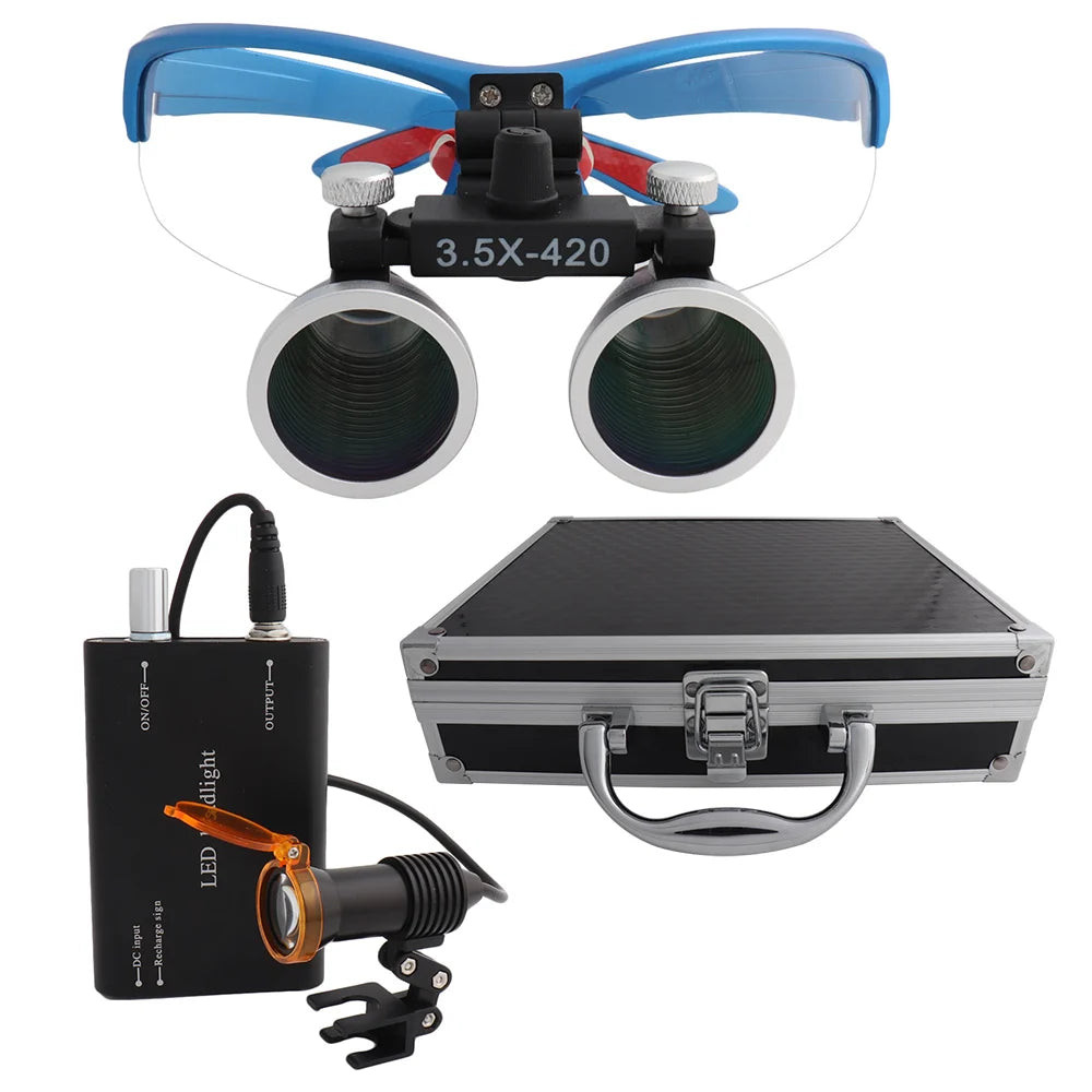 Dental Loupes Dental Magnifier Dental Lab Medical Loupes Magnification Binocular 2.5/3.5x420 Headlight Headlamp 5W Set Metal Box
