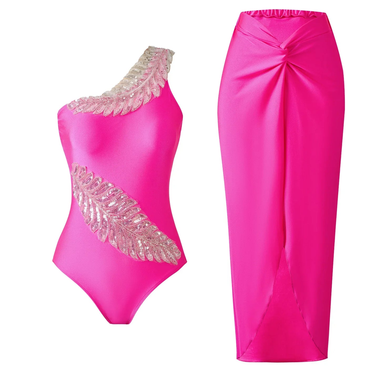 One Piece Bathing Suit for Women with Bikini Maxi Wrap Skirt 2Pcs Floral Print Swimsuit High Waist Tummy Control Beach Suits