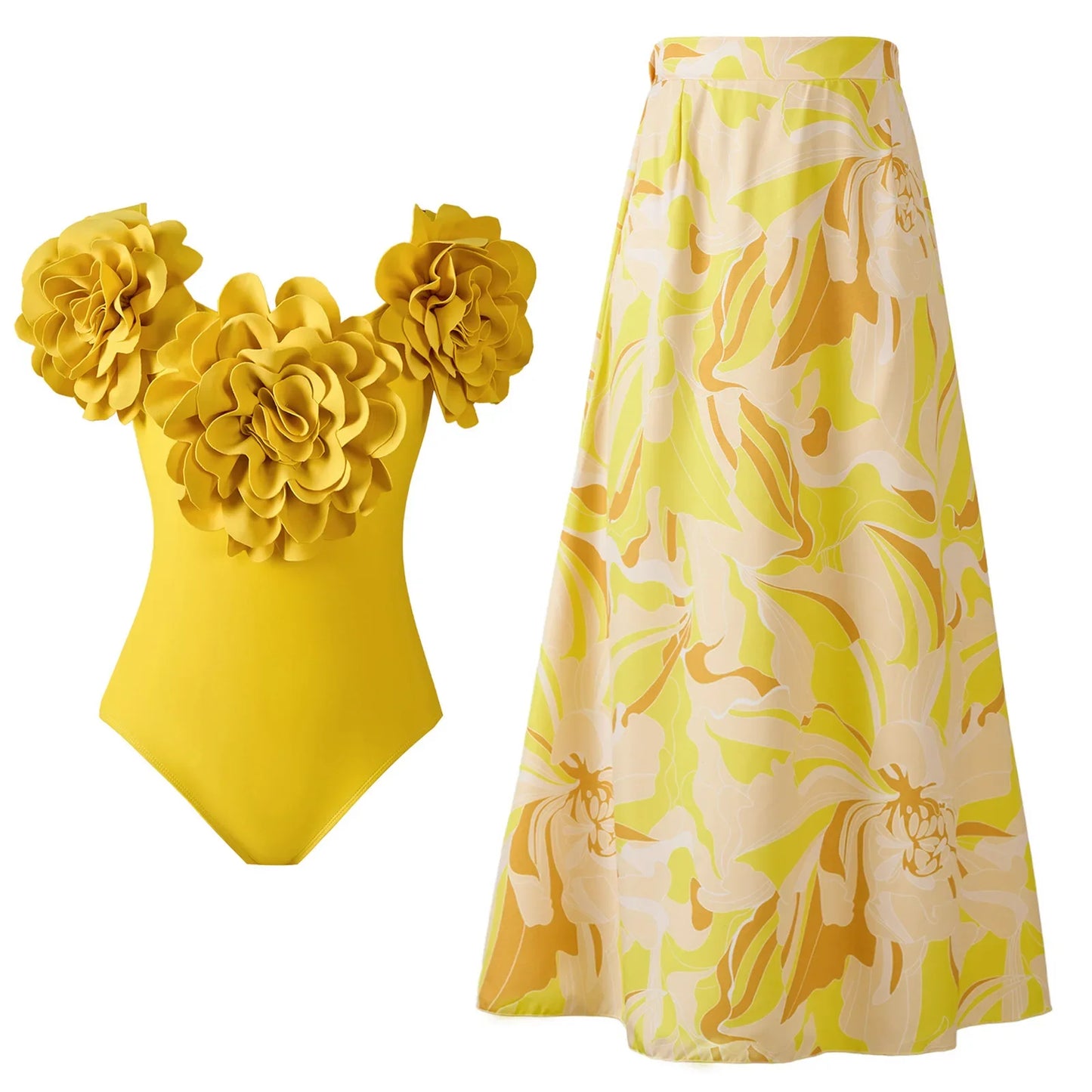 One Piece Bathing Suit for Women with Bikini Maxi Wrap Skirt 2Pcs Floral Print Swimsuit High Waist Tummy Control Beach Suits