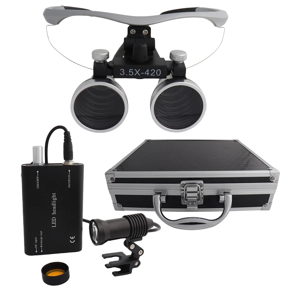 Dental Loupes Dental Magnifier Dental Lab Medical Loupes Magnification Binocular 2.5/3.5x420 Headlight Headlamp 5W Set Metal Box