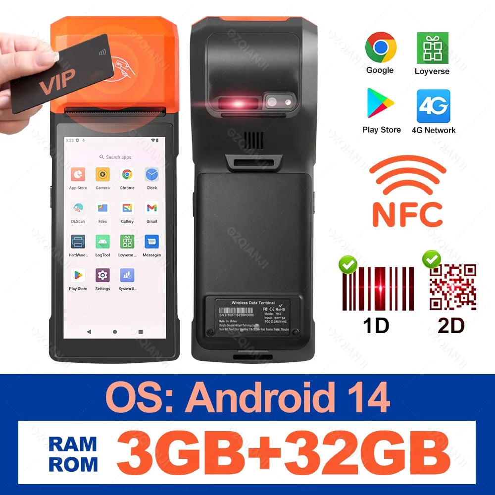 New 4G Wireless Wifi Handheld PDA Printers Android 8.1 13 POS Terminal Touch Screen Built-in 2D Barcode Scanner NFC Card Reader