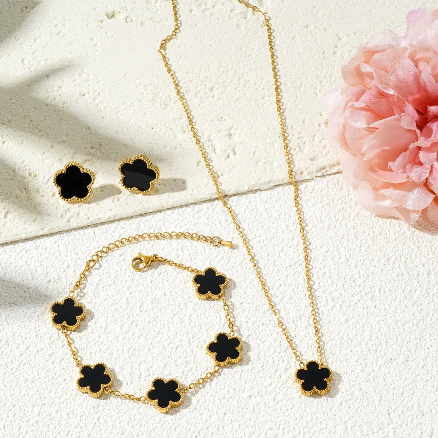 Stainless Steel Plum Blossom Necklace, Earrings & Bracelet Set