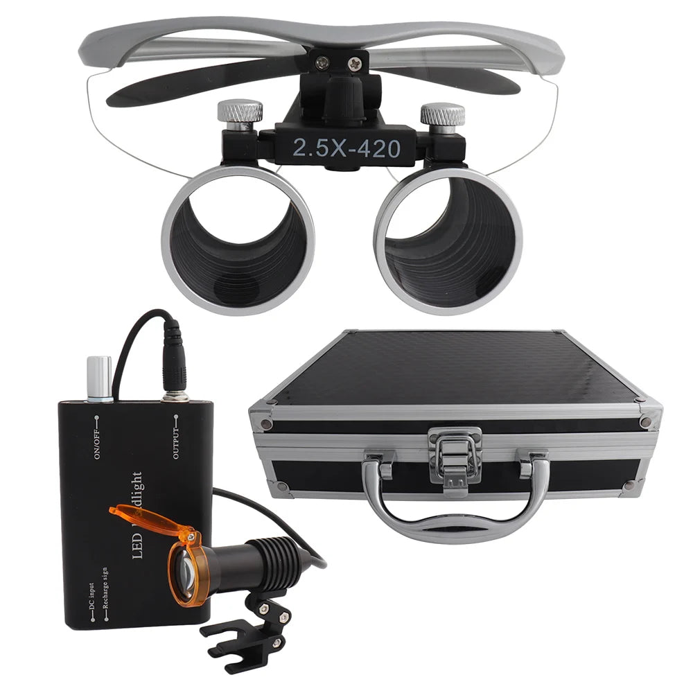 Dental Loupes Dental Magnifier Dental Lab Medical Loupes Magnification Binocular 2.5/3.5x420 Headlight Headlamp 5W Set Metal Box