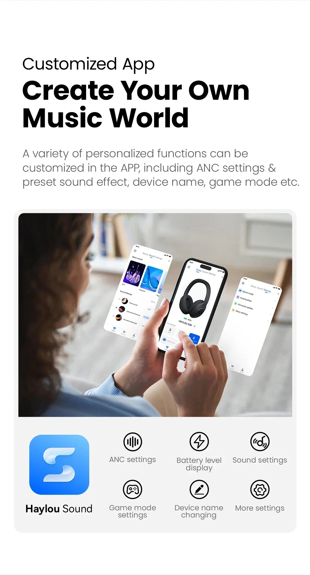 HAYLOU S30 Wireless Bluetooth 5.4 Headphones with 43dB ANC, 40mm Drivers, 80H Playtime