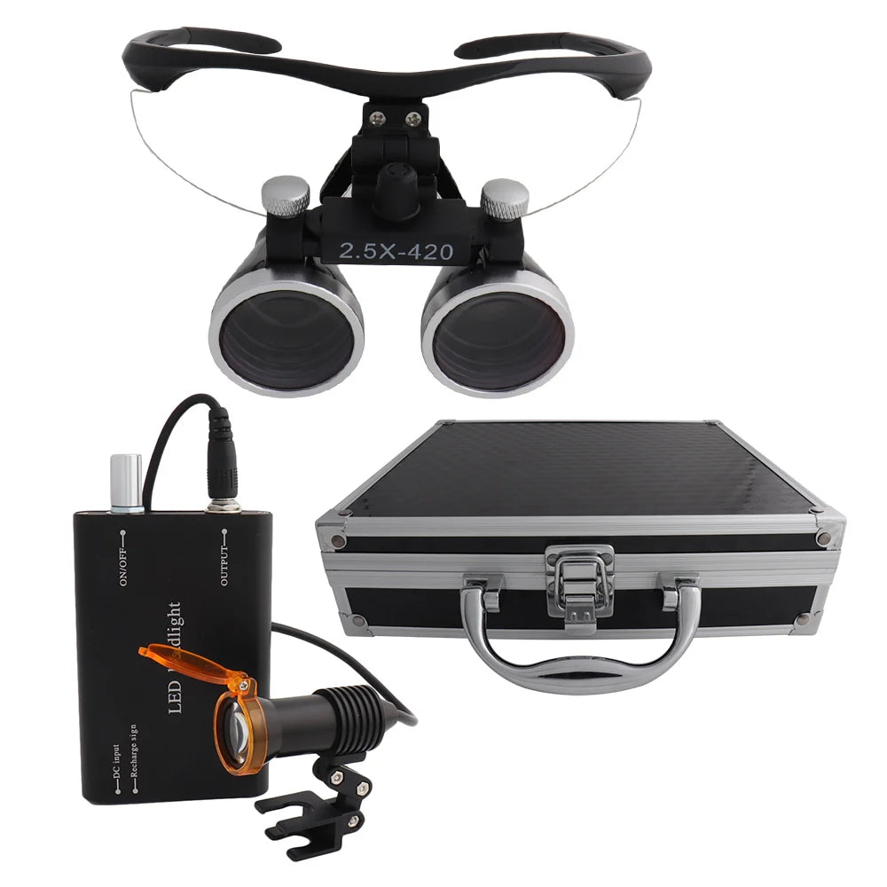 Dental Loupes Dental Magnifier Dental Lab Medical Loupes Magnification Binocular 2.5/3.5x420 Headlight Headlamp 5W Set Metal Box