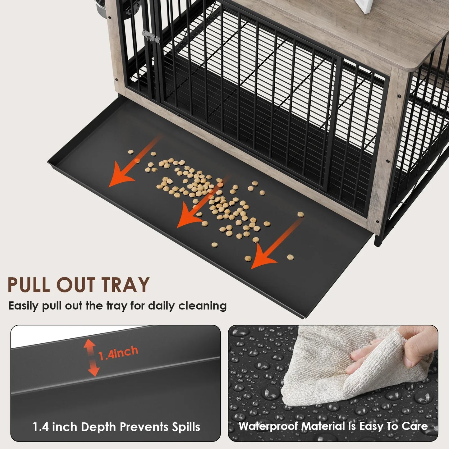 Furniture Style Dog Crate,Wooden Heavy Duty/ Raised Feeder/Dogs 2 Stainless Steel Bowls Brown/Gray