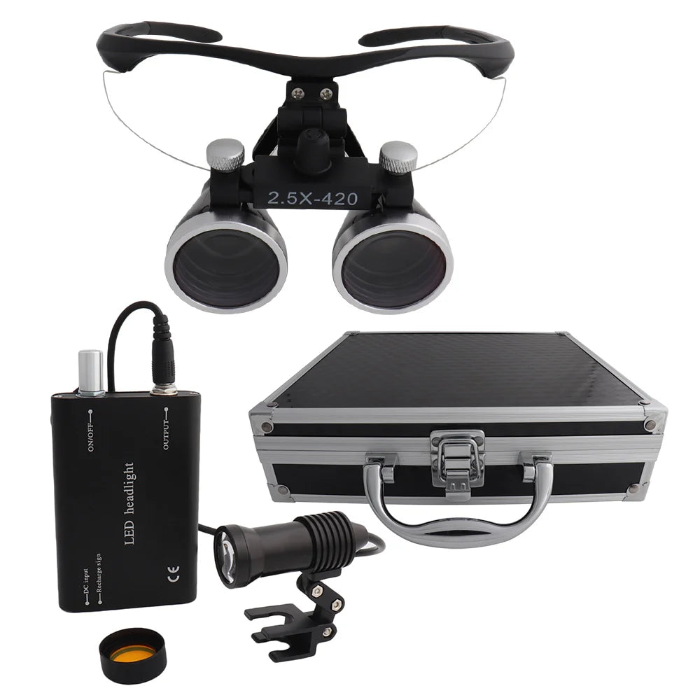 Dental Loupes Dental Magnifier Dental Lab Medical Loupes Magnification Binocular 2.5/3.5x420 Headlight Headlamp 5W Set Metal Box