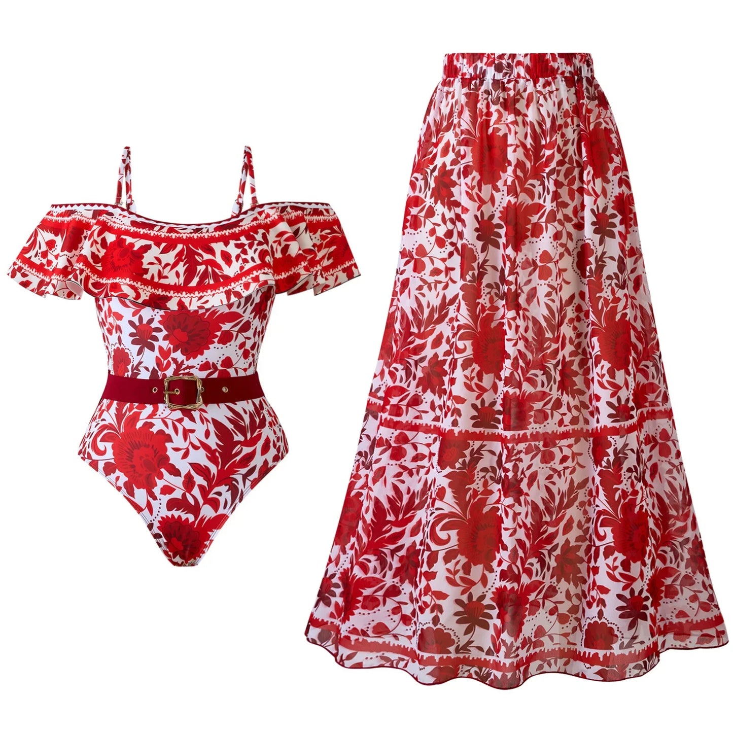 One Piece Bathing Suit for Women with Bikini Maxi Wrap Skirt 2Pcs Floral Print Swimsuit High Waist Tummy Control Beach Suits