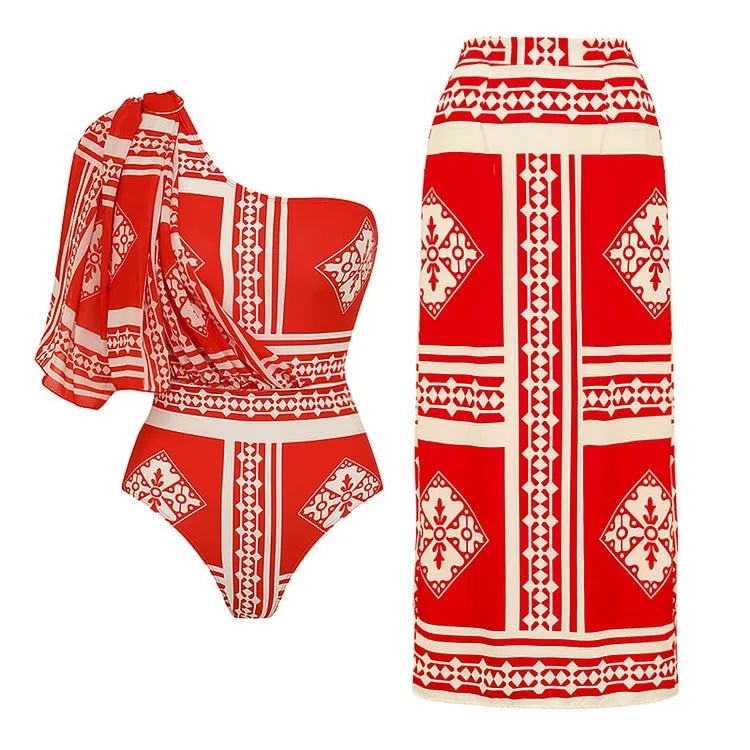 One Piece Bathing Suit for Women with Bikini Maxi Wrap Skirt 2Pcs Floral Print Swimsuit High Waist Tummy Control Beach Suits