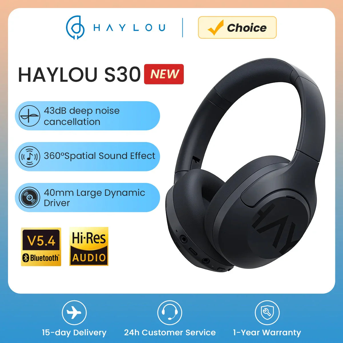 HAYLOU S30 Wireless Bluetooth 5.4 Headphones with 43dB ANC, 40mm Drivers, 80H Playtime