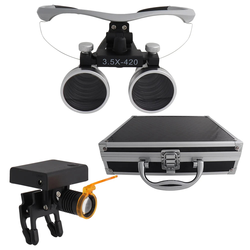 Dental Loupes Dental Magnifier Dental Lab Medical Loupes Magnification Binocular 2.5/3.5x420 Headlight Headlamp 5W Set Metal Box