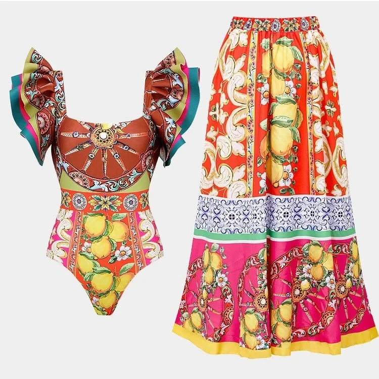 One Piece Bathing Suit for Women with Bikini Maxi Wrap Skirt 2Pcs Floral Print Swimsuit High Waist Tummy Control Beach Suits