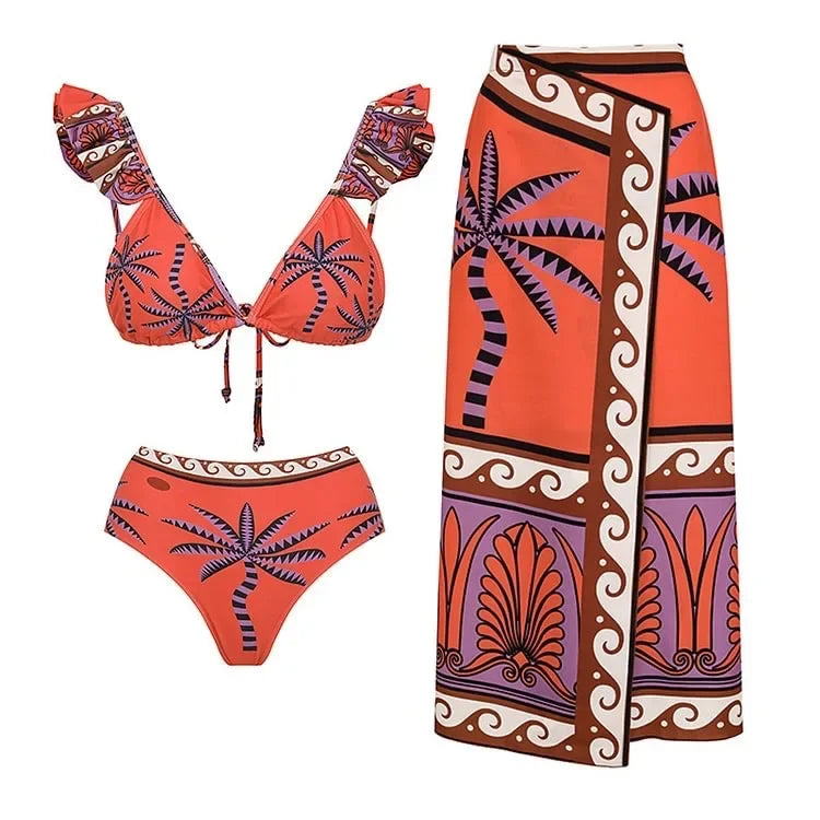 One Piece Bathing Suit for Women with Bikini Maxi Wrap Skirt 2Pcs Floral Print Swimsuit High Waist Tummy Control Beach Suits