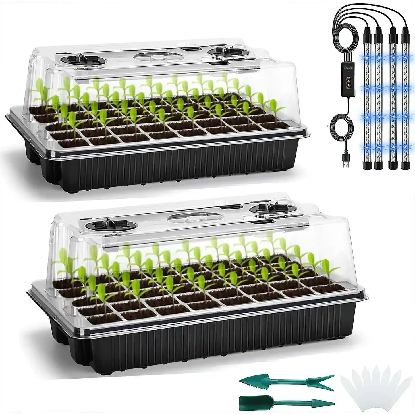 Black 2-Pack Seed Germination Trays - 80-Cell Kit W/ LED Grow Lights, Timer - Ideal for Home Gardening & Greenhouses