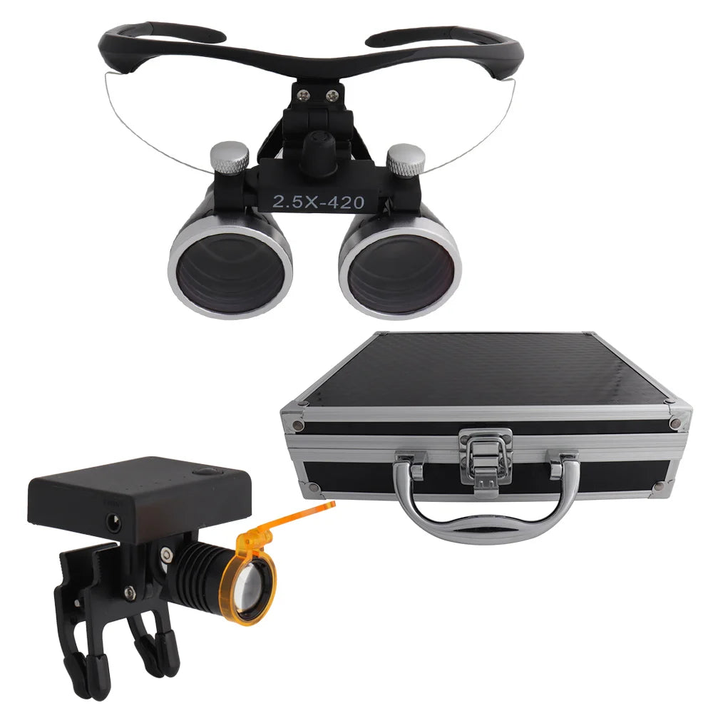 Dental Loupes Dental Magnifier Dental Lab Medical Loupes Magnification Binocular 2.5/3.5x420 Headlight Headlamp 5W Set Metal Box