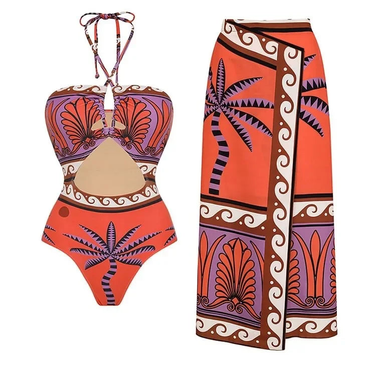 One Piece Bathing Suit for Women with Bikini Maxi Wrap Skirt 2Pcs Floral Print Swimsuit High Waist Tummy Control Beach Suits