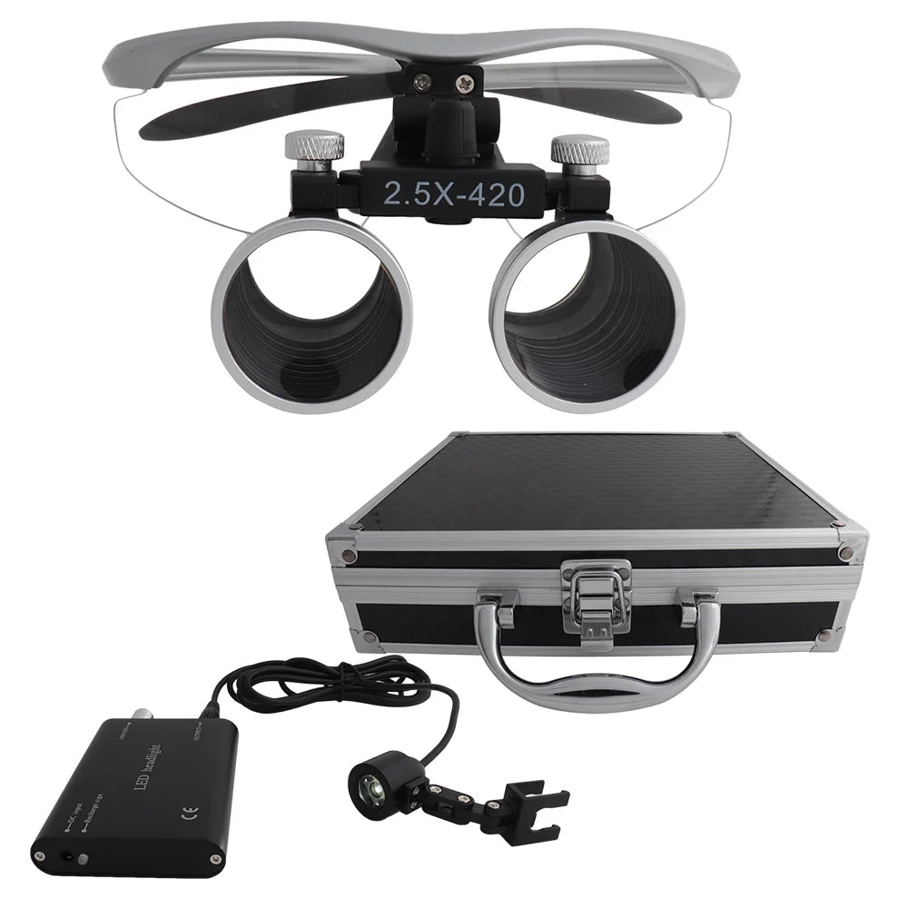 Dental Loupes Dental Magnifier Dental Lab Medical Loupes Magnification Binocular 2.5/3.5x420 Headlight Headlamp 5W Set Metal Box