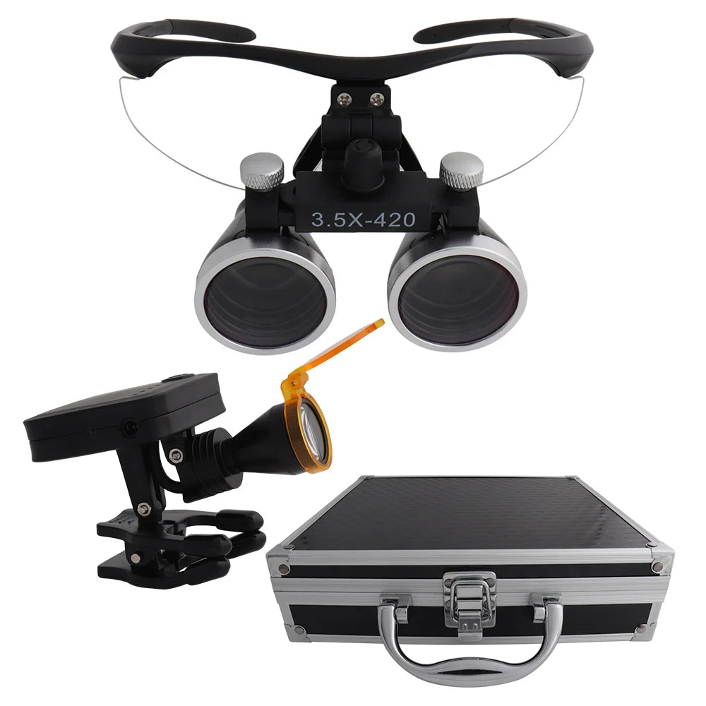 Dental Loupes Dental Magnifier Dental Lab Medical Loupes Magnification Binocular 2.5/3.5x420 Headlight Headlamp 5W Set Metal Box