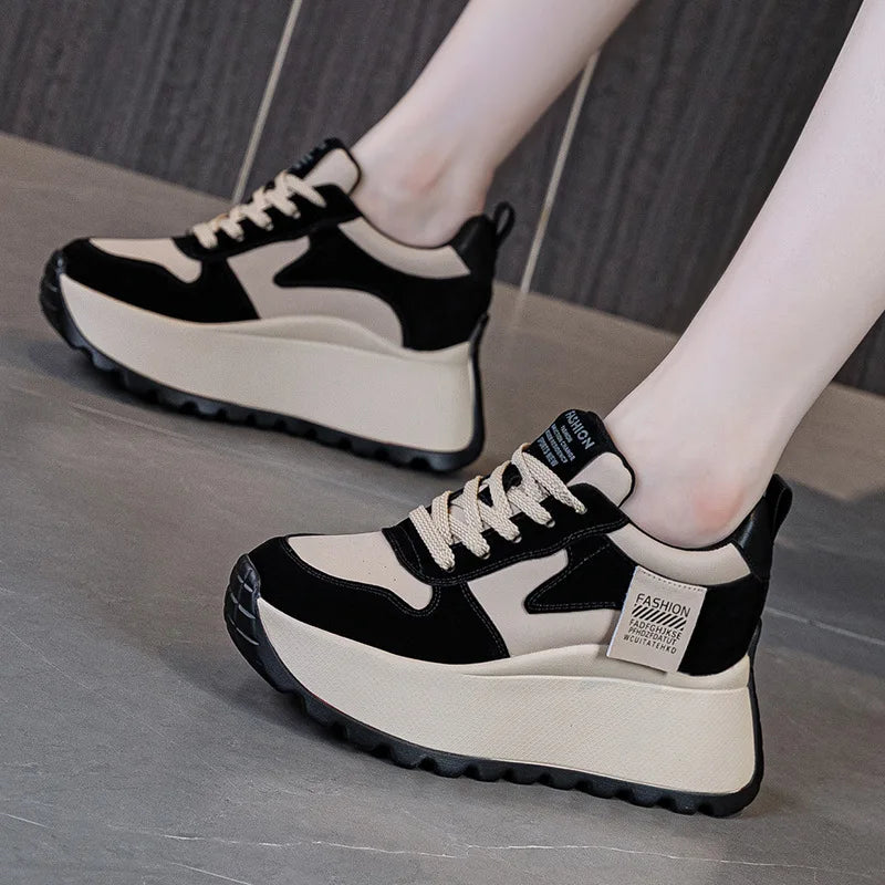 8cm Microfiber Leather Platform Wedge Fashion Women Spring Autumn Chunky Sneakers Shoes Breathable Comfortable Vulcanize