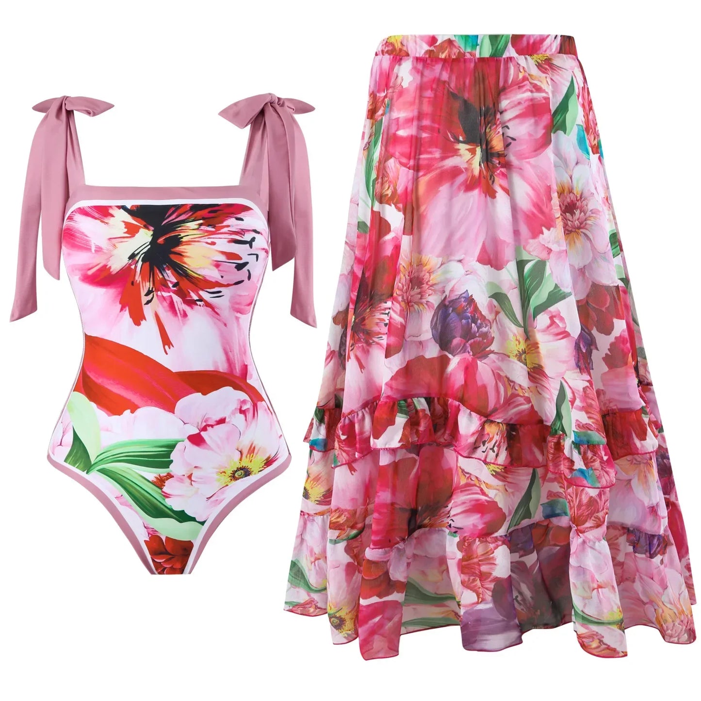 One Piece Bathing Suit for Women with Bikini Maxi Wrap Skirt 2Pcs Floral Print Swimsuit High Waist Tummy Control Beach Suits